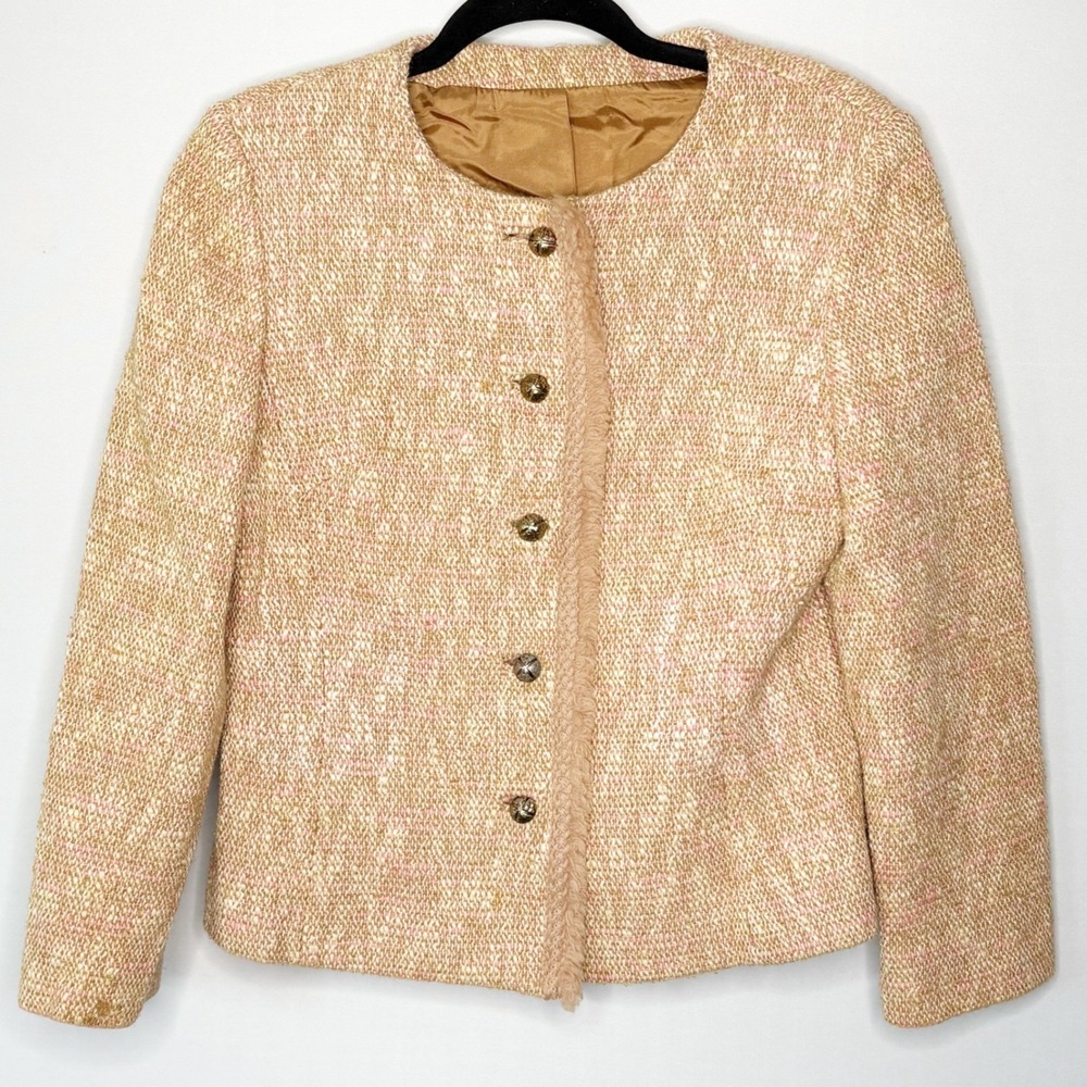 Vintage Peck & Peck Pink Tan Tweed Blazer Size S Collarless USA Union Made